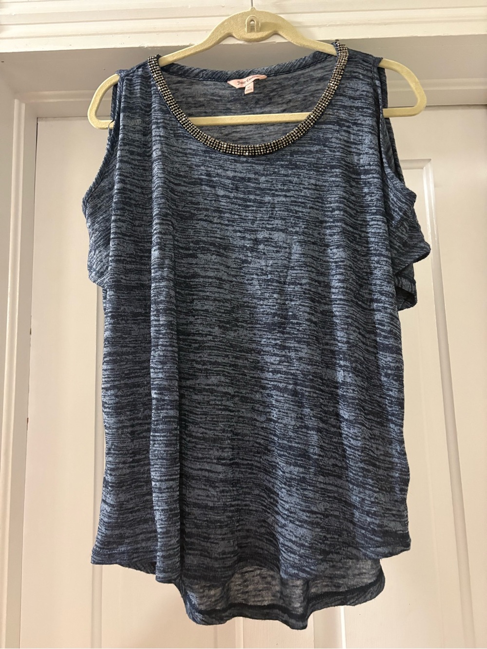 Juicy Couture Womens Beaded Trim Blue Cold Shoulder Short Sleeve Top Size Medium